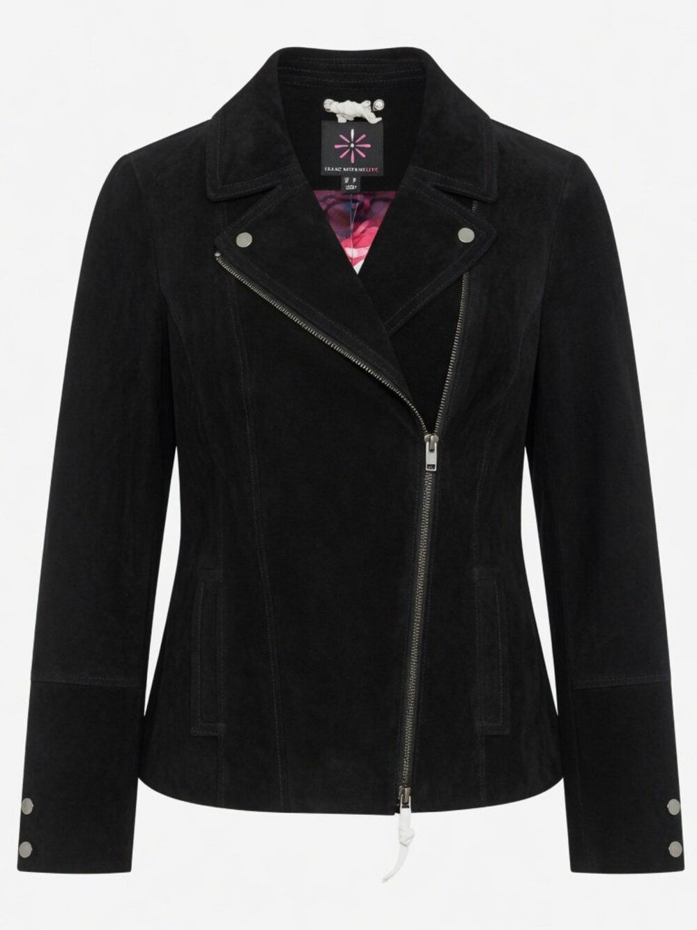 Isaac Mizrahi Womens 18W Black Suede Leather Jacket Pink Floral Satin Lined Moto